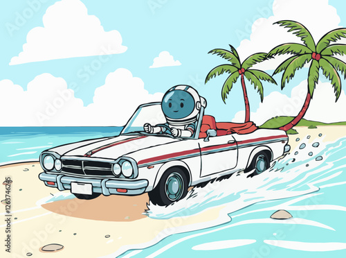 Dream Vacation: Astronaut Driving Convertible on Paradise Island