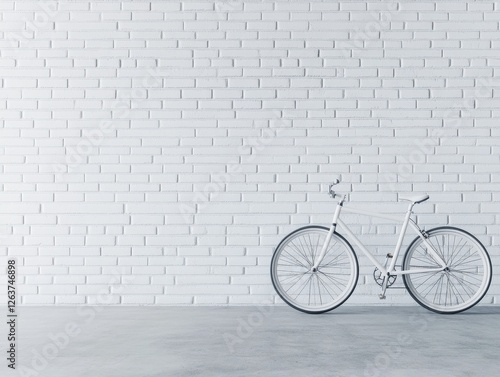 A minimalist scene featuring a white bicycle leaning against a clean, white brick wall, ideal for design and lifestyle themes. photo