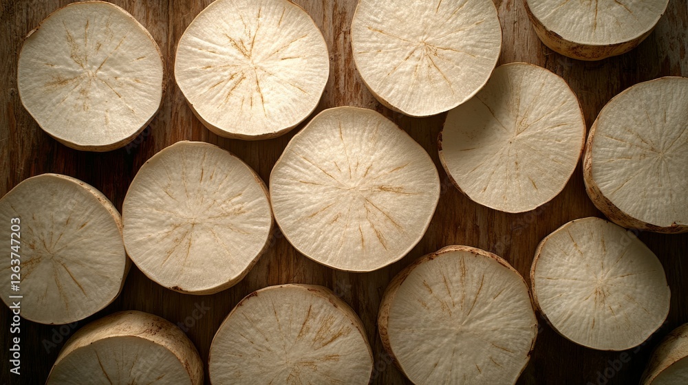 A minimalistic arrangement of sliced marshmallow root on a wooden surface, showcasing their circular shapes and textures A minimalistic arrangement of sliced marshmallow root on a wooden surface, showcasing their circular shapes and textures