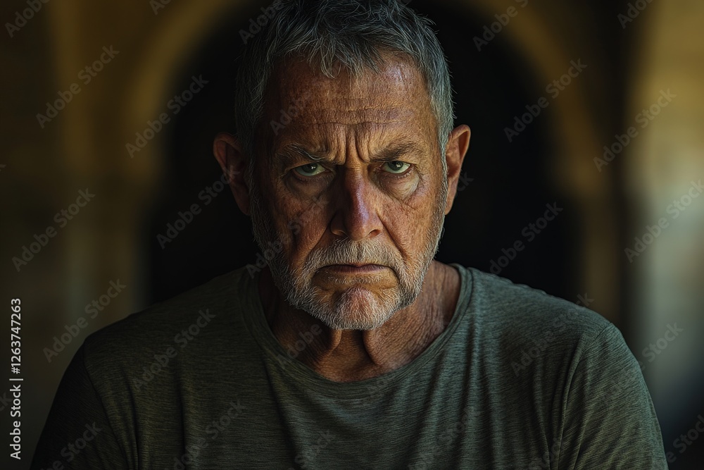 Mature man with intense expression poses against a blurred background in a dimly lit setting Mature man with intense expression poses against a blurred background in a dimly lit setting