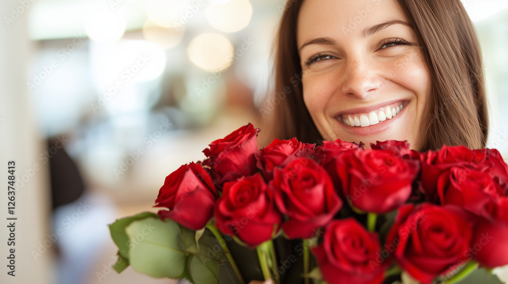 Smiling woman with a bouquet of red roses, receiving a thoughtful floral surprise on a special holiday. A romantic gesture to show love and appreciation. Perfect for birthdays or a Smiling woman with a bouquet of red roses, receiving a thoughtful floral surprise on a special holiday. A romantic gesture to show love and appreciation. Perfect for birthdays or a