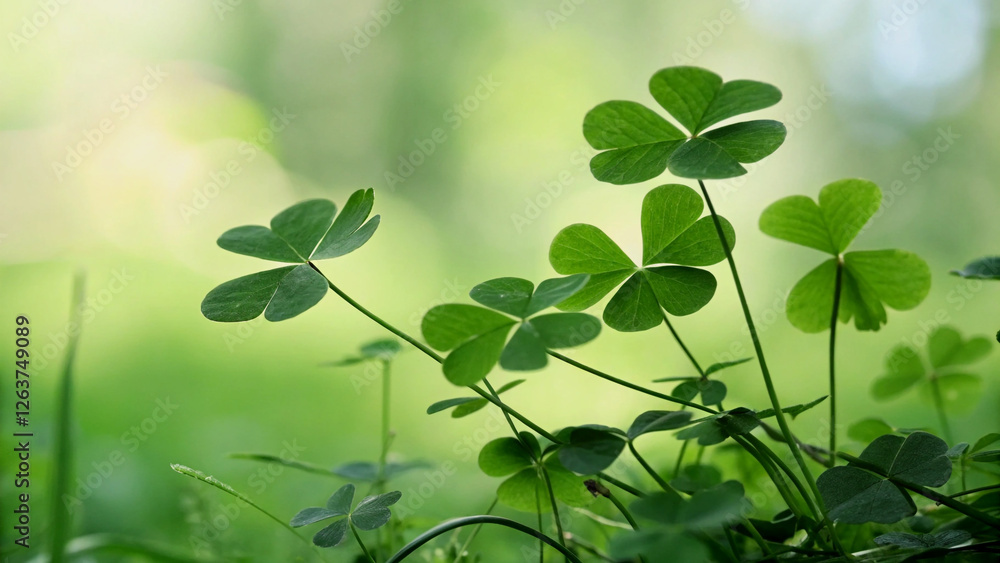 Close-up of vibrant shamrocks in a soft green natural setting. Close-up of vibrant shamrocks in a soft green natural setting.