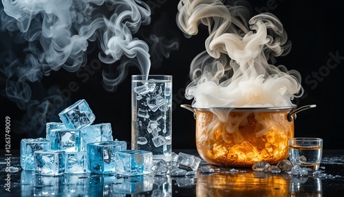 A composition of a still life that includes ice cubes, liquid water, and steam rising from a boiling pot, representing the different forms of matter.