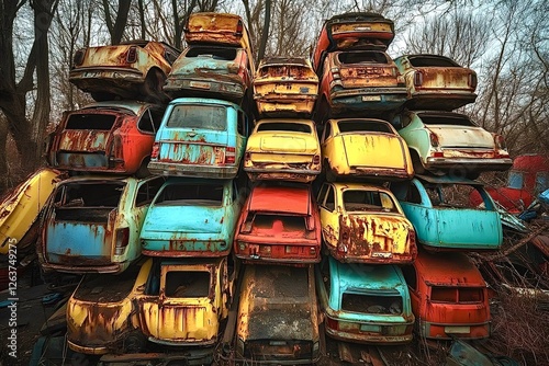 Wallpaper Mural Stack of colorful rusty abandoned cars in junkyard Torontodigital.ca