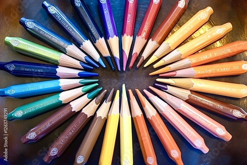 Colorful pencils forming a circle on dark background photo