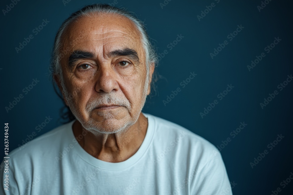 Obraz premium Elderly man with gray hair poses against a blue background, showcasing wisdom and experience in a simple white shirt