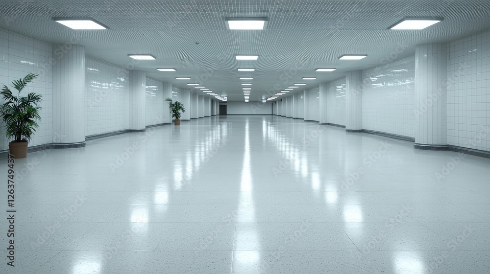 Fototapeta premium Empty white tunnel corridor, clean and bright, modern style, possibly for advertisement
