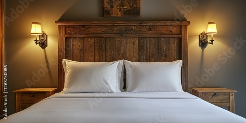 A close-up of a pristine white bed draped over an intricately carved, dark-wood headboard, exuding elegance and warmth in its design photo