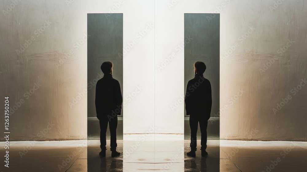 Fototapeta premium Symmetrical composition showing a man reflected between two vertical panels, evoking a sense of balance and contemplation. AI generated.