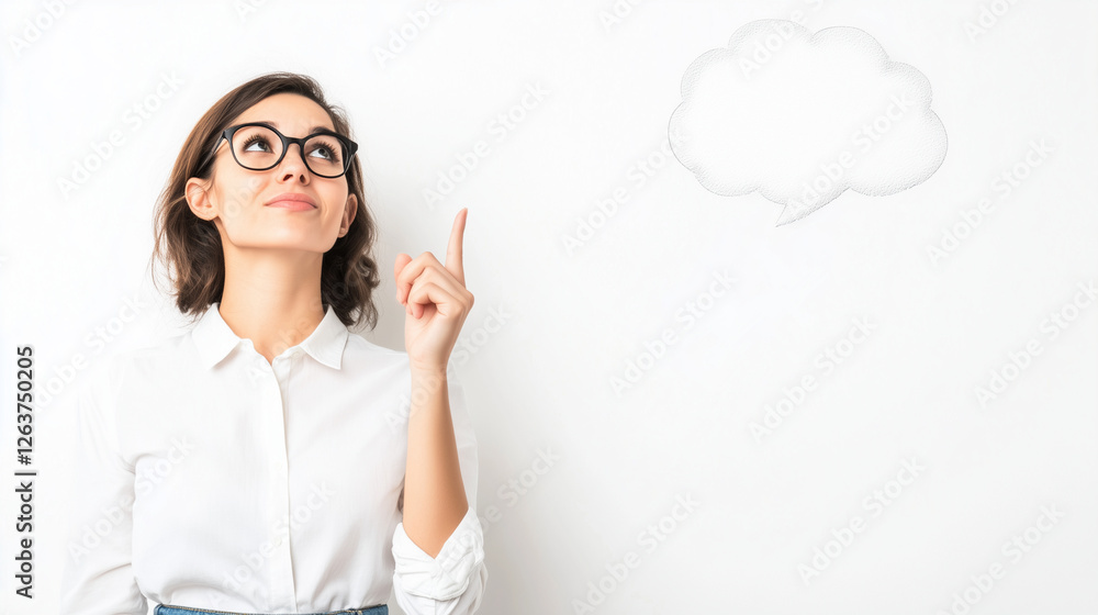 A young, professional sales manager wearing a casual shirt and jeans, confidently indicating an empty space with her finger. Her confident posture and smile make this an ideal imag A young, professional sales manager wearing a casual shirt and jeans, confidently indicating an empty space with her finger. Her confident posture and smile make this an ideal imag