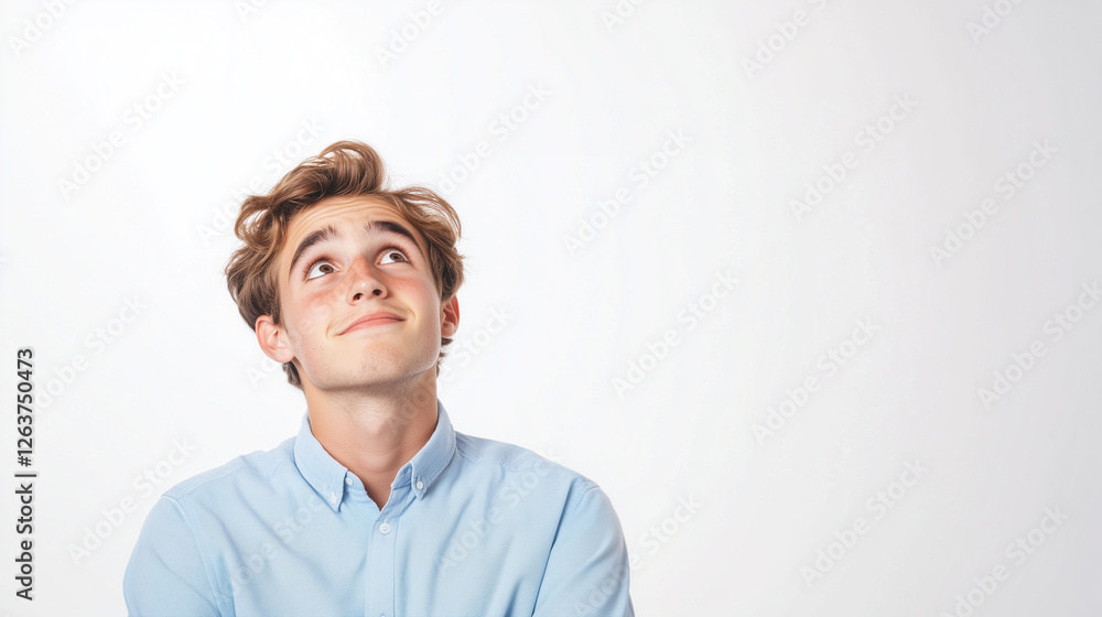 Obraz premium Portrait of a young Caucasian man, lost in thought and considering his future, with aspirations of starting a new business. He gazes upwards, reflecting on his plans. Isolated on a