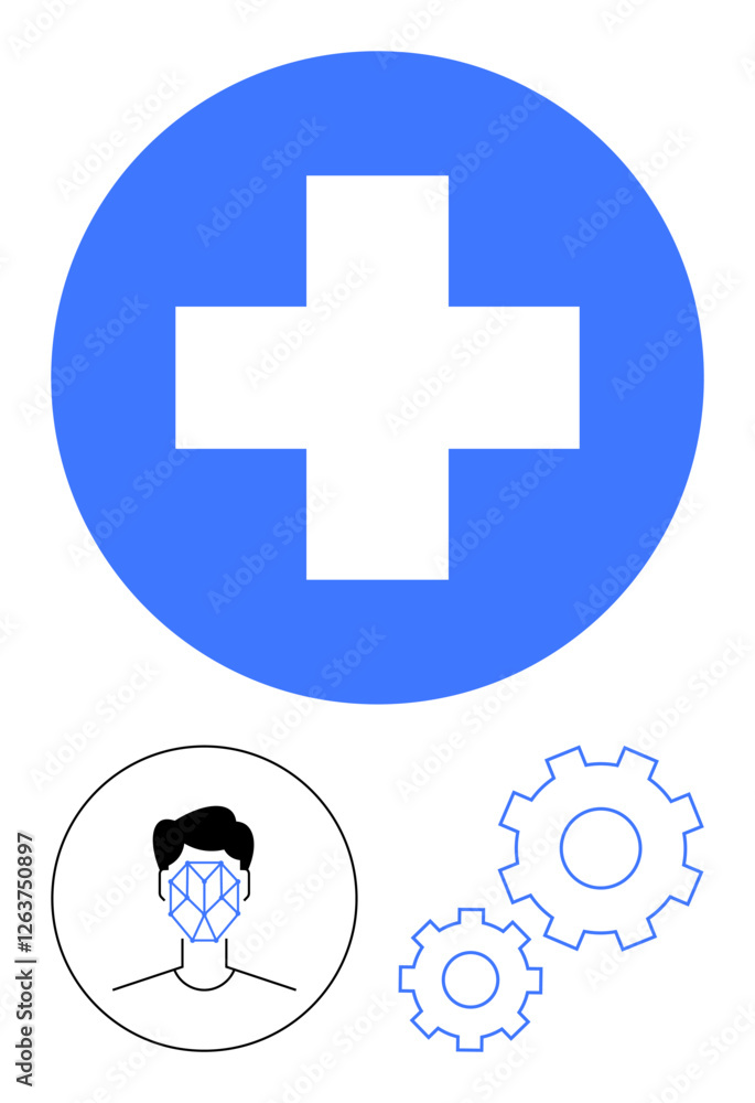Blue cross in a blue circle, facial recognition pattern on a persons face, and gears symbolizing healthcare, AI, technology, and innovation. Ideal for tech, medical apps, diagnostics progress AI Blue cross in a blue circle, facial recognition pattern on a persons face, and gears symbolizing healthcare, AI, technology, and innovation. Ideal for tech, medical apps, diagnostics progress AI