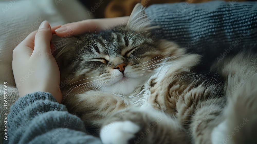 Contented fluffy cat sleeping peacefully while being petted, curled up in cozy blue sweater. Close-up shows relaxed expression and soft fur in gentle lighting. Contented fluffy cat sleeping peacefully while being petted, curled up in cozy blue sweater. Close-up shows relaxed expression and soft fur in gentle lighting.