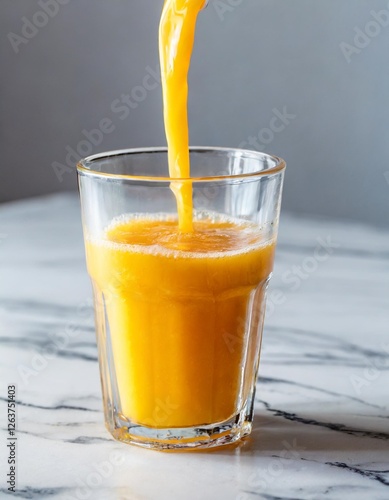 Pouring Glowing Orange Juice into a Glass on a White Marble Surface