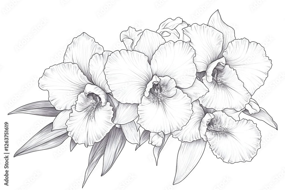 Elegant Orchid Blooms in Detailed Line Art Elegant Orchid Blooms in Detailed Line Art