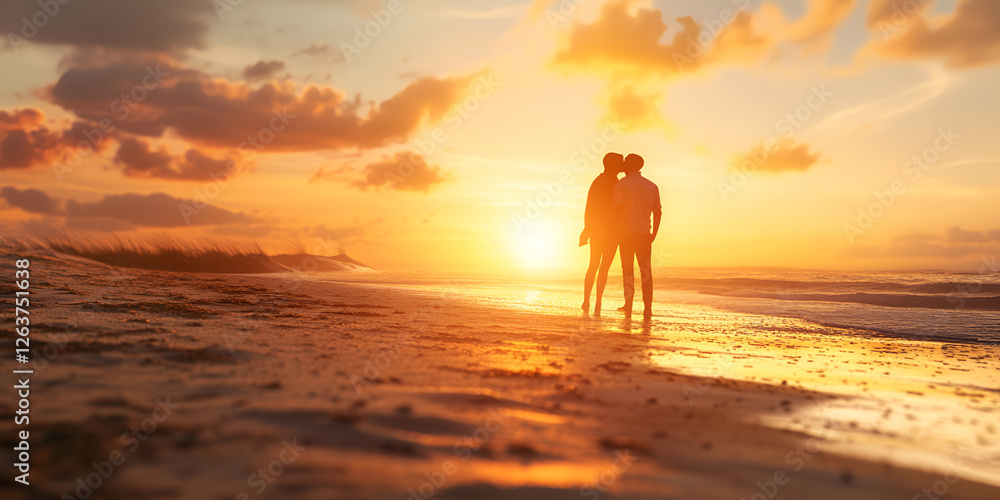 Couple Sharing a Sunset Kiss on a Sandy Beach for a Romantic and Dreamy Moment Couple Sharing a Sunset Kiss on a Sandy Beach for a Romantic and Dreamy Moment