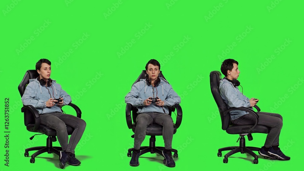 Obraz premium Woman gamer playing online video games with controller, sitting in an office chair against greenscreen backdrop. Joyful person having fun with e sport competition, modern gaming setup. Camera A.