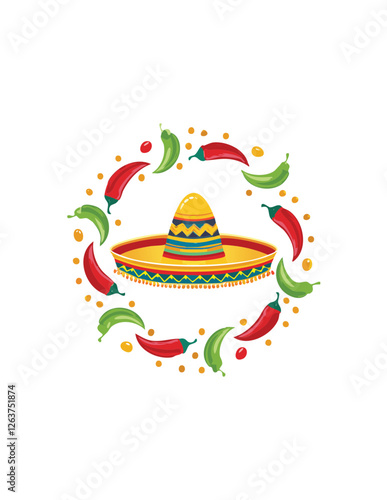 A colorful sombrero surrounded by red and green chili peppers in a festive circular arrangement.