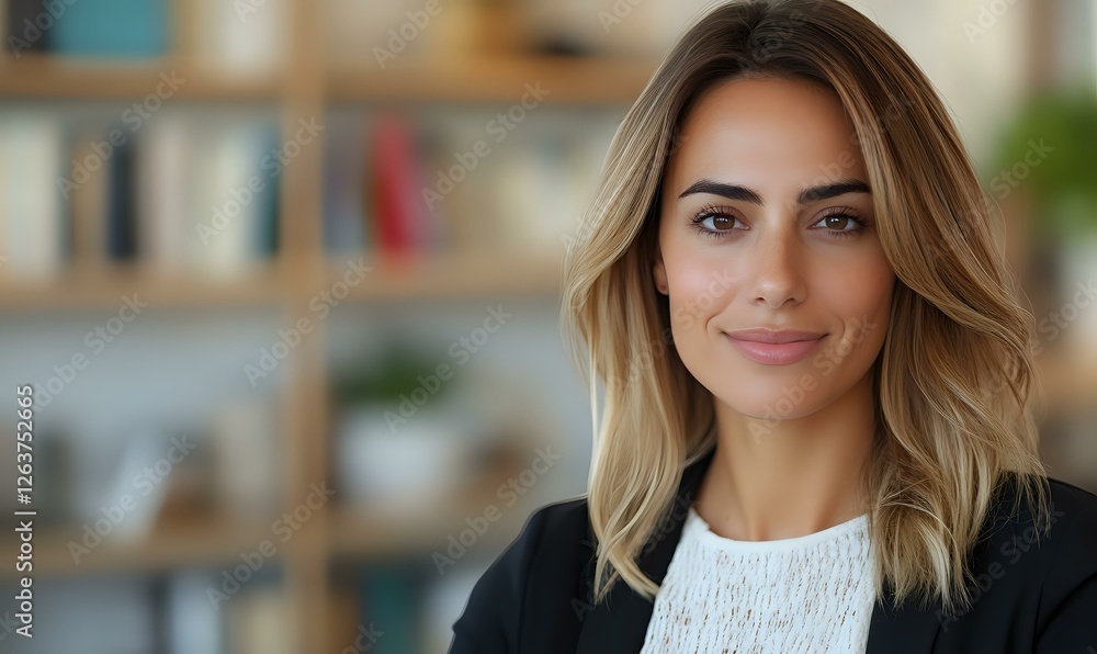 Young Caucasian businesswoman with blonde ombre hair wearing black cardigan and white top smiling confidently in modern office setting with bookshelf background. Young Caucasian businesswoman with blonde ombre hair wearing black cardigan and white top smiling confidently in modern office setting with bookshelf background.