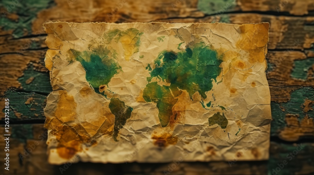 Naklejka premium Unique abstract world map design depicted on aged, crumpled paper, showcasing vintage tones and artistic focus on the fragility of global systems. AI generated.