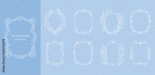 Floral Frame set . Hand drawn Botanical vector illustration. Flower line wreath white color.