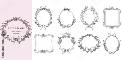 Floral Frame with ribbon and bow set . Hand drawn Botanical vector illustration. Flower wreath Black and white.