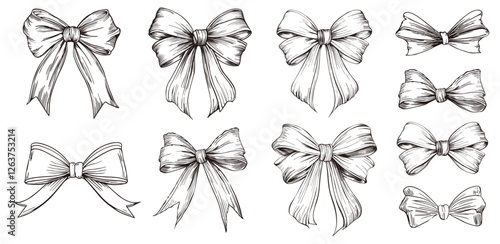 Set of sketched bow and ribbon. Hand drawn vintage line art vector illustration.