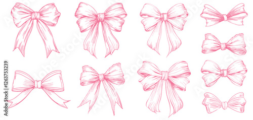 Set of pinl sketched bow and ribbon. Hand drawn vintage line art vector illustration.