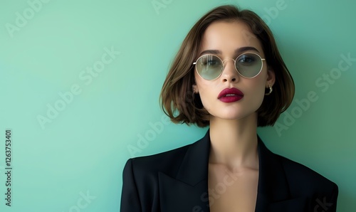 Wallpaper Mural Young Asian woman wearing round glasses and red lipstick against mint green wall. Professional portrait featuring black blazer and confident pose. Modern fashion concept. Torontodigital.ca