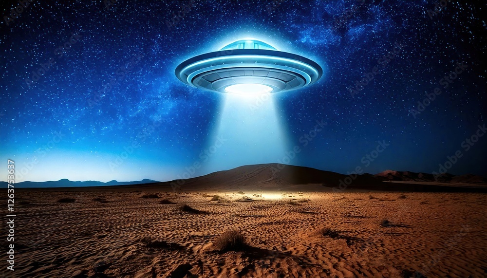 Mysterious UFO hovers over a desolate desert under a starry sky at night Mysterious UFO hovers over a desolate desert under a starry sky at night