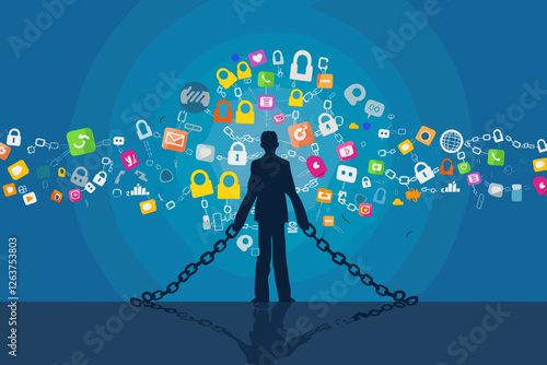 Social Media Addiction Enslaving Businessman Chained to Massive Commercial Icon