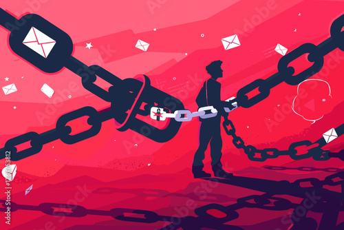 Social Media Addiction Enslaving Businessman Chained to Massive Commercial Icon
