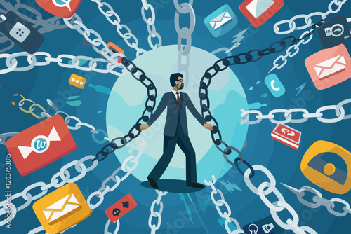 Social Media Addiction Enslaving Businessman Chained to Massive Commercial Icon