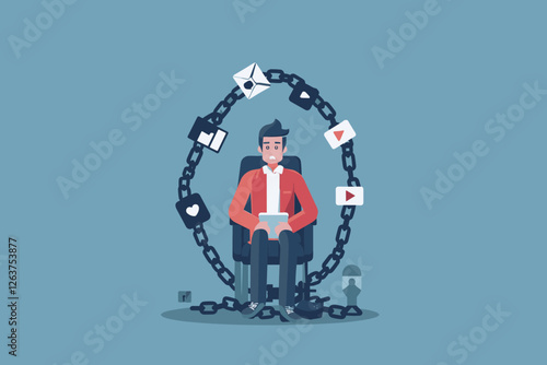 Social Media Addiction Enslaving Businessman Chained to Massive Commercial Icon