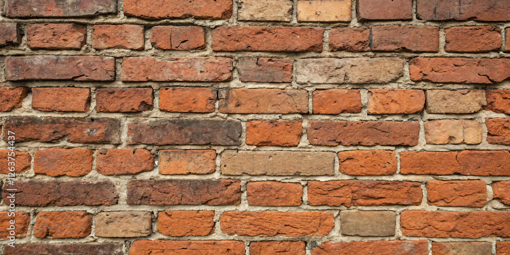 Fototapeta premium Rough industrial brick texture with uneven red and brown bricks, exposed mortar lines, and slight grunge details