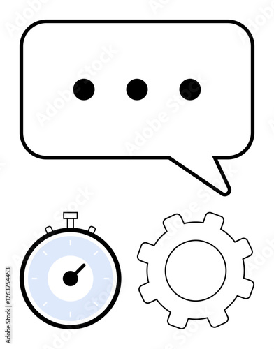Speech bubble with three dots stopwatch and gear. Ideal for themes communication, efficiency, productivity, time management, strategy, workflow, and automation. Line metaphor
