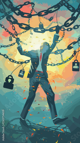Social Media Addiction Enslaving Businessman Chained to Massive Commercial Icon