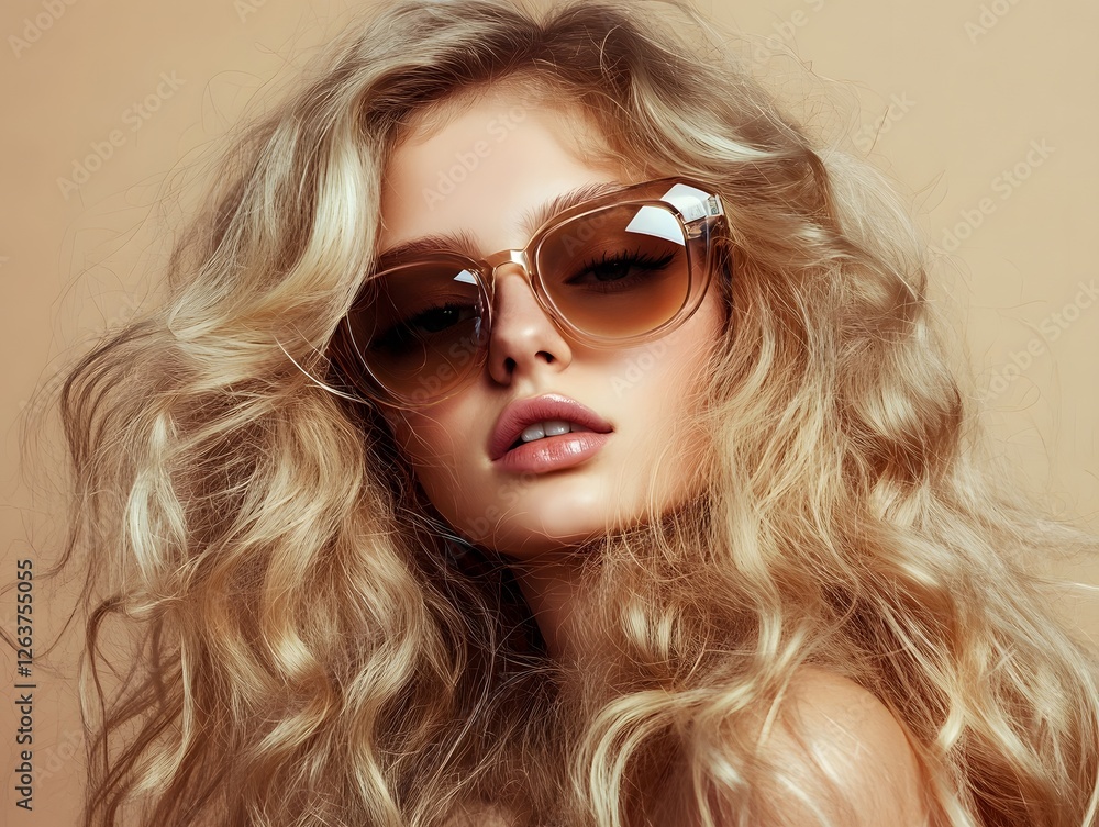 Blonde Woman with Long Curly Hair Wearing Brown Sunglasses Blonde Woman with Long Curly Hair Wearing Brown Sunglasses