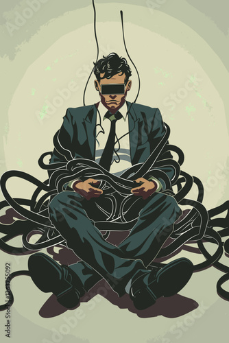 Social Media Addiction Enslaving Businessman Chained to Massive Commercial Icon