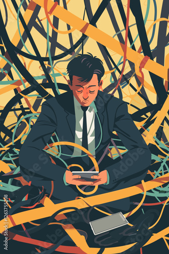 Social Media Addiction Enslaving Businessman Chained to Massive Commercial Icon