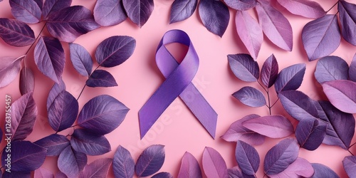 A close-up of a symmetrical, multi-hued purple-leafed ribbon set against a soft pink backdrop, exuding elegance and harmony photo