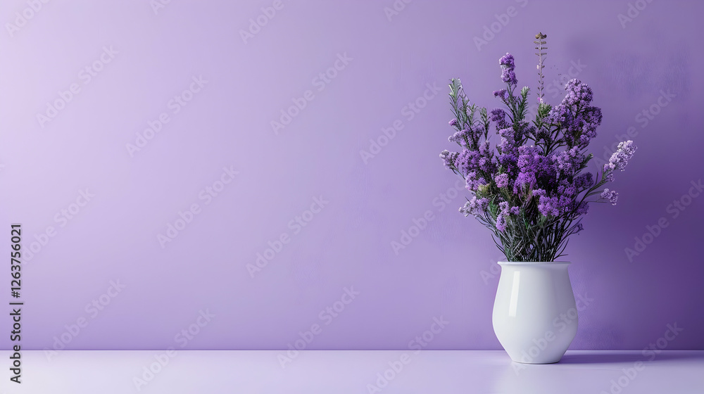 A serene lavender bouquet in a white vase against a soft purple wall, creating a calming atmosphere A serene lavender bouquet in a white vase against a soft purple wall, creating a calming atmosphere