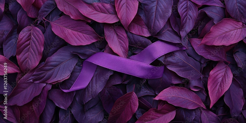 A vivid purple ribbon nestles among tangled, dark purple leaves, their random overlap creating an intricate mosaic of shadows and hues A vivid purple ribbon nestles among tangled, dark purple leaves, their random overlap creating an intricate mosaic of shadows and hues