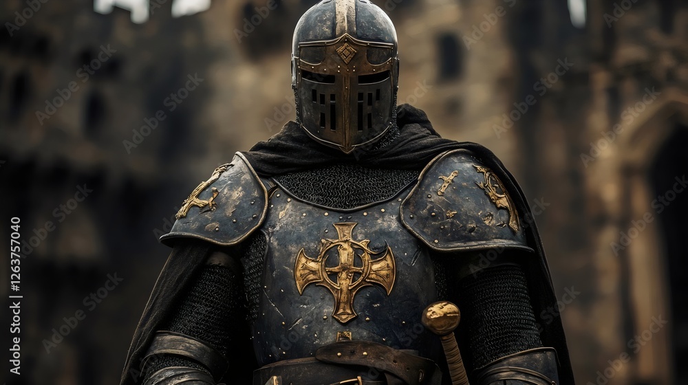 A knight in full armor stands in front of a castle A knight in full armor stands in front of a castle