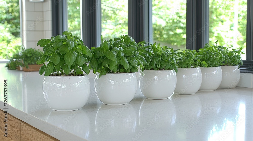 Fototapeta premium Fresh Herbs in White Pots on Kitchen Counter