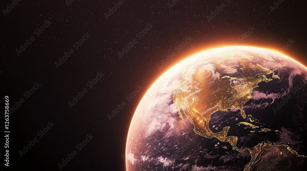 Naklejka premium Detailed View of Earth at Night with City Lights Illuminating North America from Space