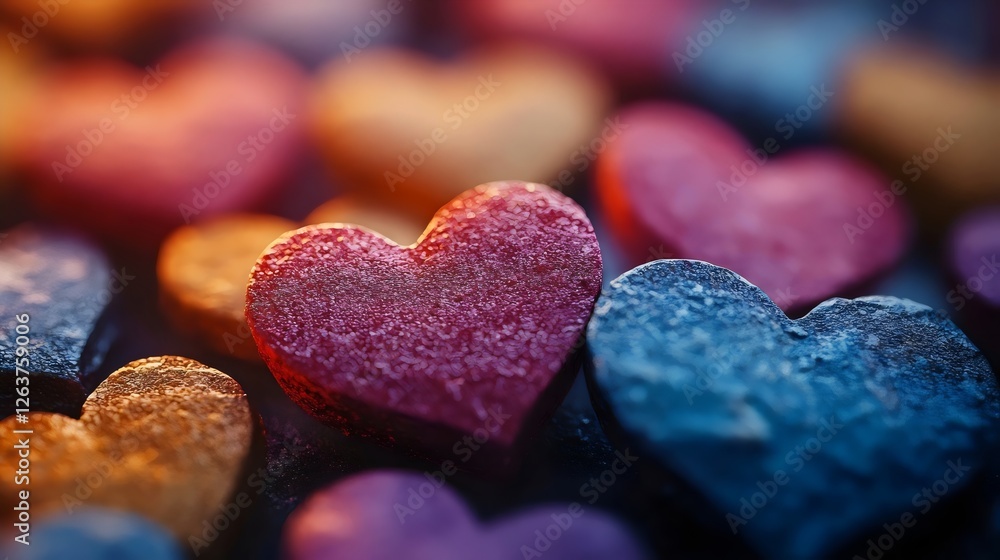 Fototapeta premium A collection of colorful hearts are arranged in a pattern on a surface