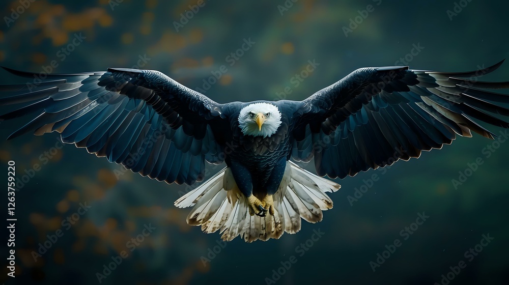 Obraz premium Majestic bald eagle with spread wings soaring against dramatic dark sky, displaying powerful flight posture and intense gaze. Detailed feathers capture wildlife strength.