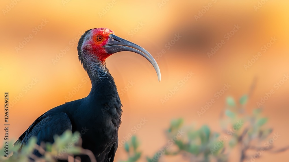 Fototapeta premium Southern bald ibis with distinctive red head and curved beak against warm sunset background, side profile view showing dark iridescent feathers and natural habitat.