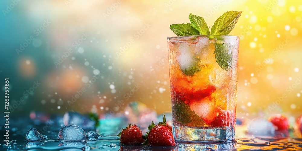 Refreshing cocktail with strawberries and mint garnished on a colorful background during summer Refreshing cocktail with strawberries and mint garnished on a colorful background during summer